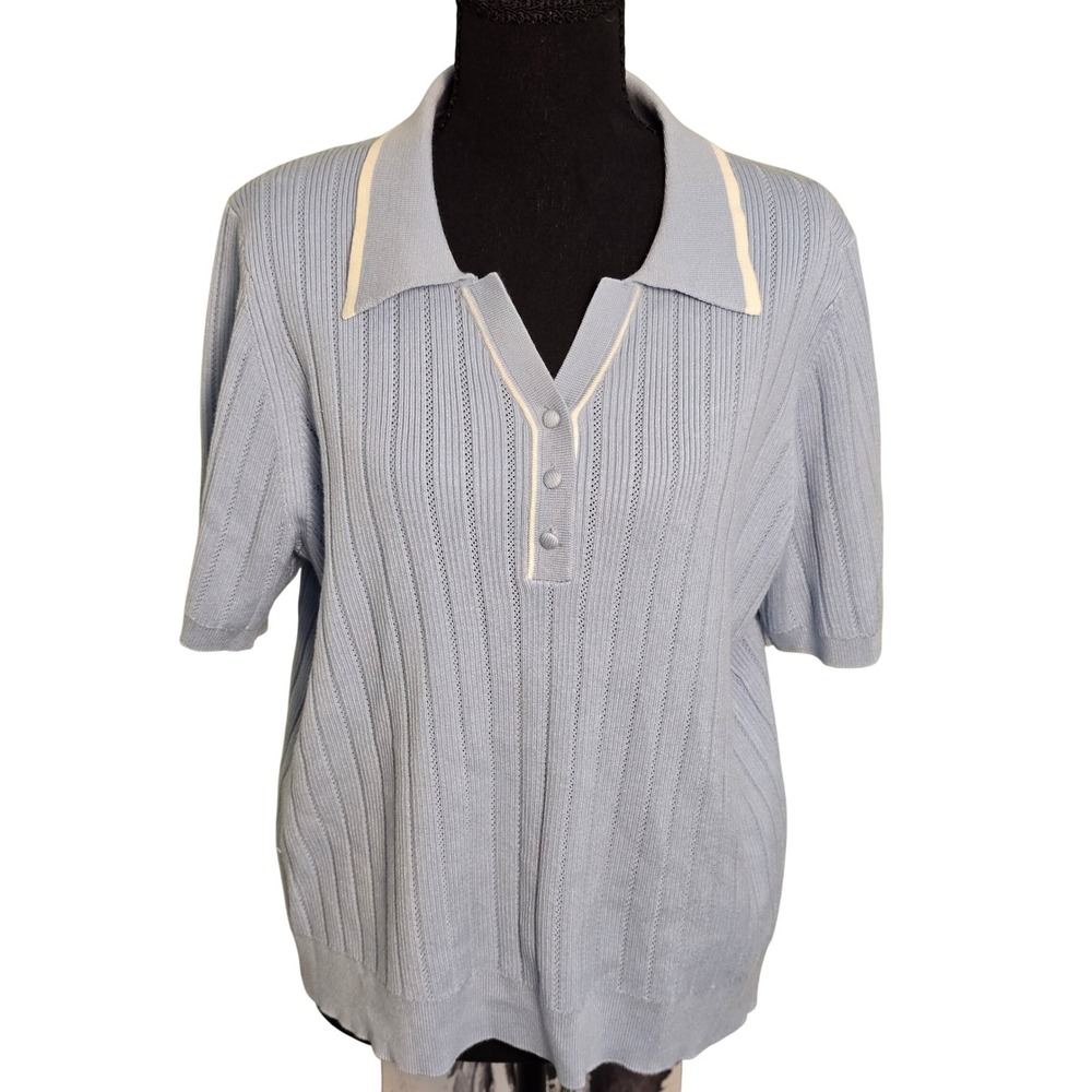 Adrianna Papell Blue Ribbed Knit Polo Top Short Sleeve XL Old Money Preppy Chic